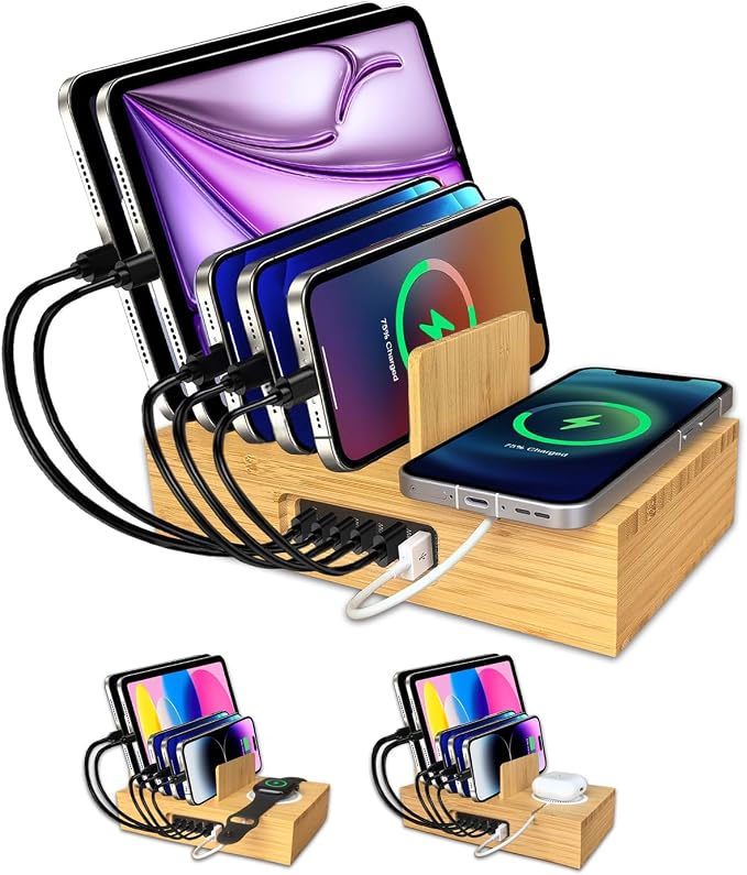 PD 100W Charging Station for Multiple Devices,6 Port USB Bamboo Charging Station Organzier with Detachable 15W 3 in 1 Wireless Charger Station for iPhone Android Apple Watch AirPod Tablet