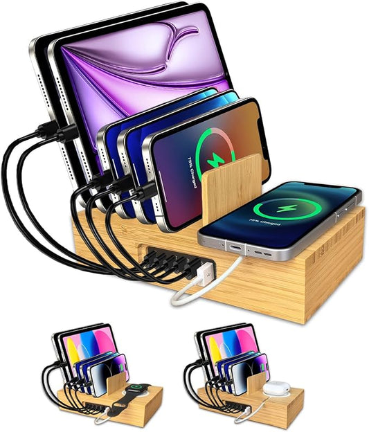 PD 100W Charging Station for Multiple Devices,6 Port USB Bamboo Charging Station Organzier with Detachable 15W 3 in 1 Wireless Charger Station for iPhone Android Apple Watch AirPod Tablet
