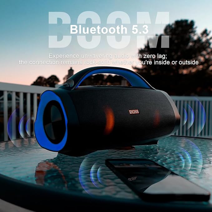 DOSS Extreme Boom Pro 100W Portable Speaker, 2+2 Channel, Deep Bass, IPX6 Waterproof, Bluetooth 5.3, 20H Playtime, Power Bank, Dynamic Lights, Outdoor Speaker for Camping, Beach, Poolside - Blue