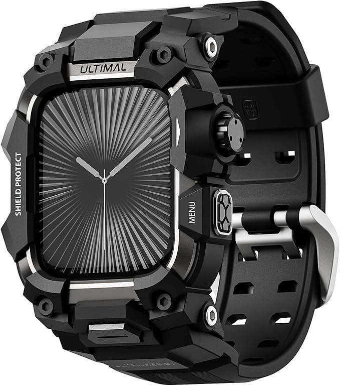 ULTIMAL Rugged Case with Band for Apple Watch 46mm,Compatible with Apple Watch Series 11/10, Military Grade Shockproof Bumper Cover for iWatch Tactical Band Men (Black, 46mm)