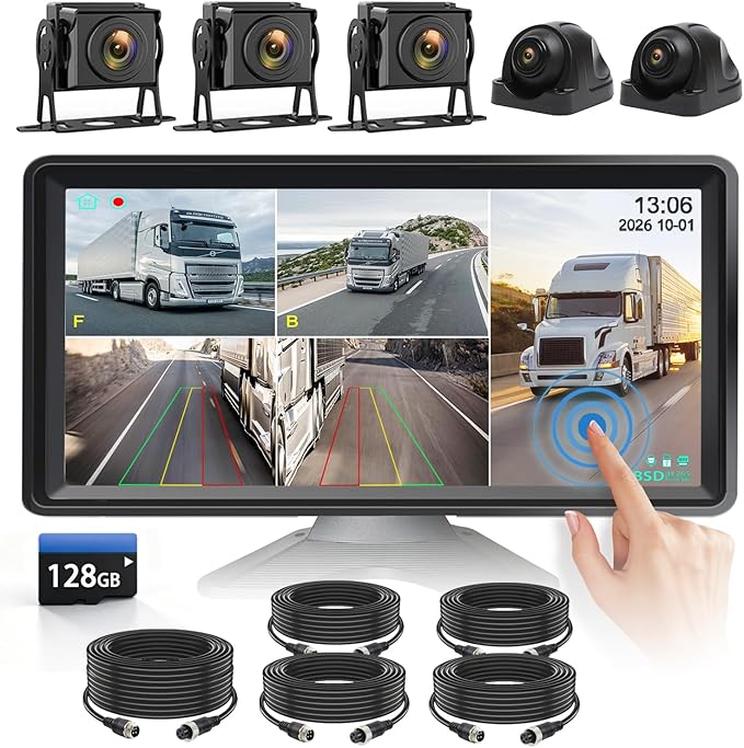 5-Channel Wired Cameras Backup Camera 10.36" HD Monitor Touch Screen with 128GB DVR Recording, IP69 Waterproof Truck Trailer Tractor Rear Side Front