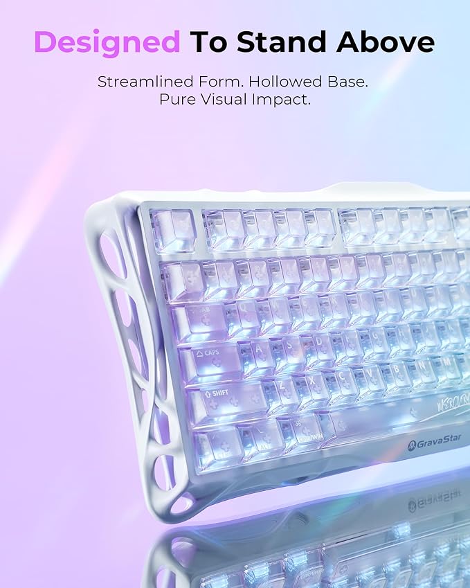 GravaStar Mercury K1 Lite 75% Gaming Keyboard, 2.4GHz/BT/Wired Tri-Mode Wireless Keyboard, Clear Keycaps Gasket Hot Swappable Mechanical Keyboard, Pre-lubed Linear Switches,RGB Backlit【Crystal Aurora】