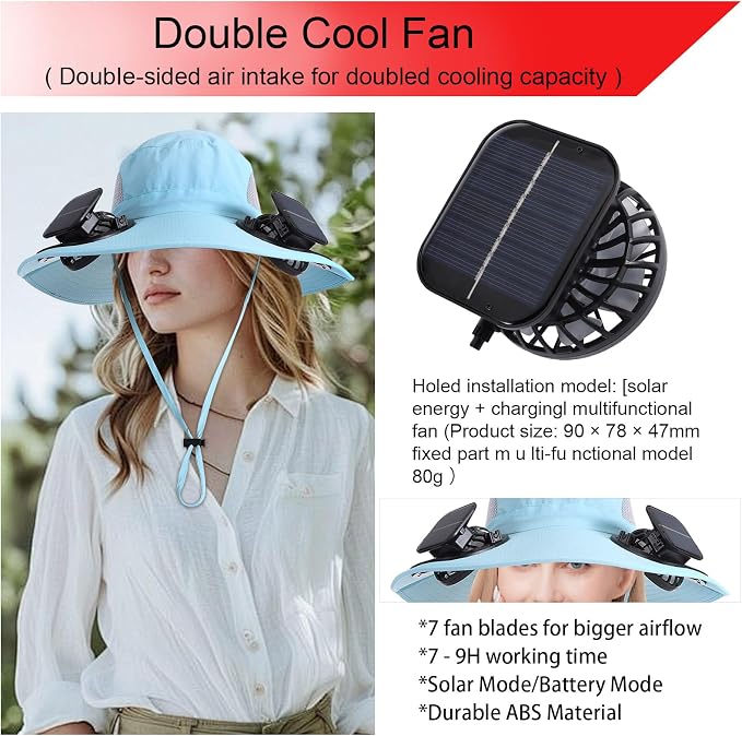 Outdoor Solar Powered Fan Hat for Men Women Breathable Wide Brim Hat with 2 Fans UPF 50+ Fishing Hat Beach Bucket Sun Hat