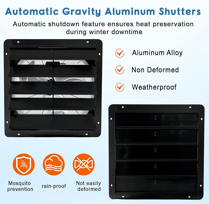 Garvee 24 In Shutter Exhaust Fan, Wall Mounted Shutter Exhaust Fan Aluminum, 3500 CFM High Speed Louvered Vent Fan with Automatic Shutter for Garage, Attic, Workshop, Greenhouse