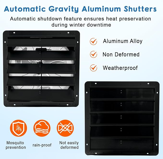 Garvee 20 In Shutter Exhaust Fan, Wall Mounted Shutter Exhaust Fan Aluminum, 3500 CFM High Speed Louvered Vent Fan with Automatic Shutter for Garage, Attic, Workshop, Greenhouse