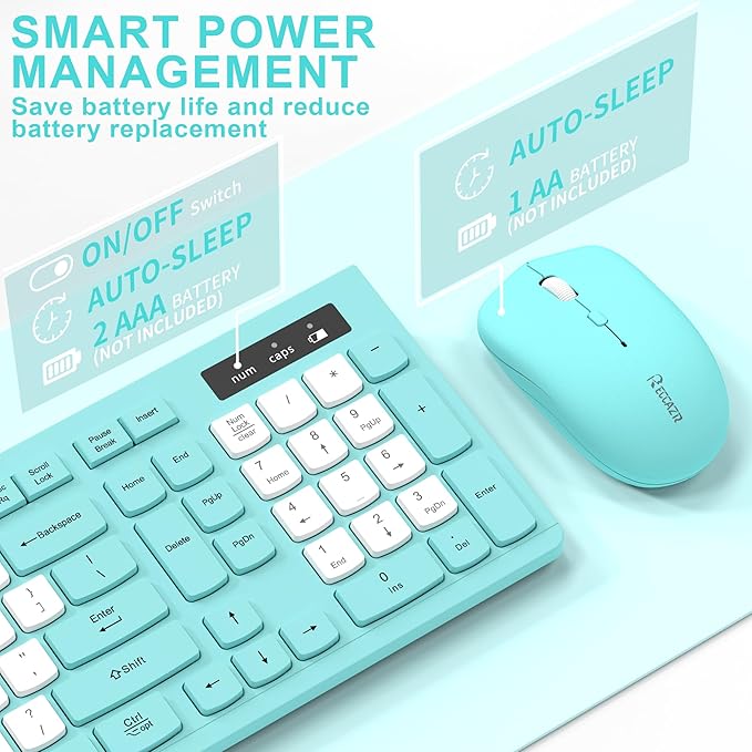Wireless Keyboard and Mouse Combo, Full-Sized Quiet Wireless Keyboard and Adjustable DPI Mouse, 2.4GHz USB Receiver, Keyboard and Mouse for PC, Windows, Desktop, Laptop (Tiffany Blue and White-B)