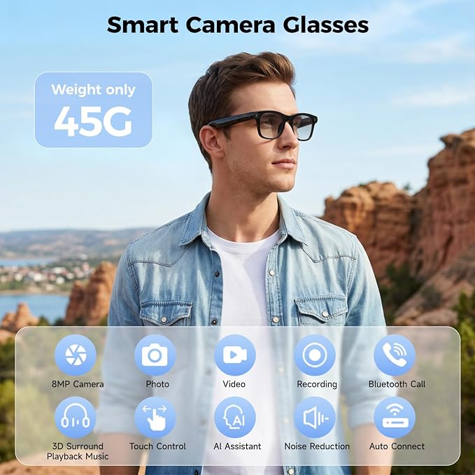 AI Smart Glasses with Camera,AI Voice Assistant,8MP/1080P HD Video & Audio Recording Camera, Real-Time Voice Translation, Bluetooth Connectivity, Photochromic Sunglass Lenses for Men & Women