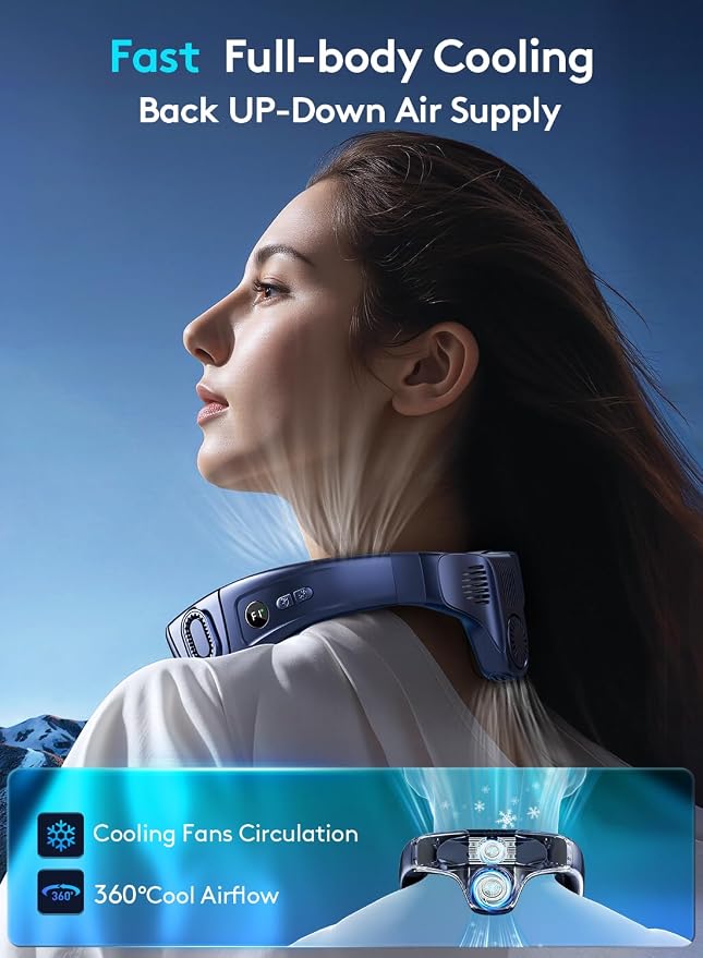 Portable Neck Air Conditioner, Upward & Downward Back Airflow Wearable Fan, Large Cooling Plate, 6000mAh Battery, Lightweight Bladeless Neck Fan for Golf, Travel, Outdoor Work (Dark Blue)