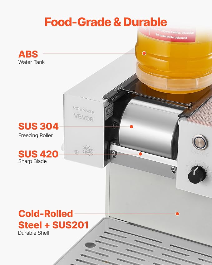 VEVOR Snowflake Ice Machine, 88LBS/24H Snowflake Ice Maker, Ice-Shaver Machine with Stainless Steel Blade, Electric Snow Cone Maker with 0.48 Gal Tank, 90S Fast Pre-Cooling, for Home & Small Gathering