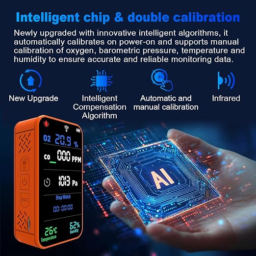 7-in-1 Portable Oxygen Detector for Indoor and Outdoor,288H Standby,O2 Detector with O2,Temperature,Humidity,Illumination,Room Oxygen Monitor for Car,RV,Camping,Travel (Orange)