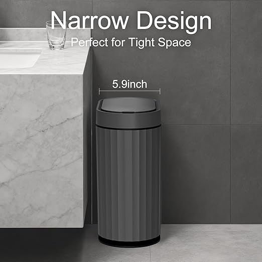 ELPHECO Bathroom Motion Sensor Trash can, 2 Gallon Automatic Garbage Can, Slim Plastic Smart Trash Can with Lid, Commercial Intelligent Trash Bin for Bedroom, Bathroom, Office, Cement Grey Black