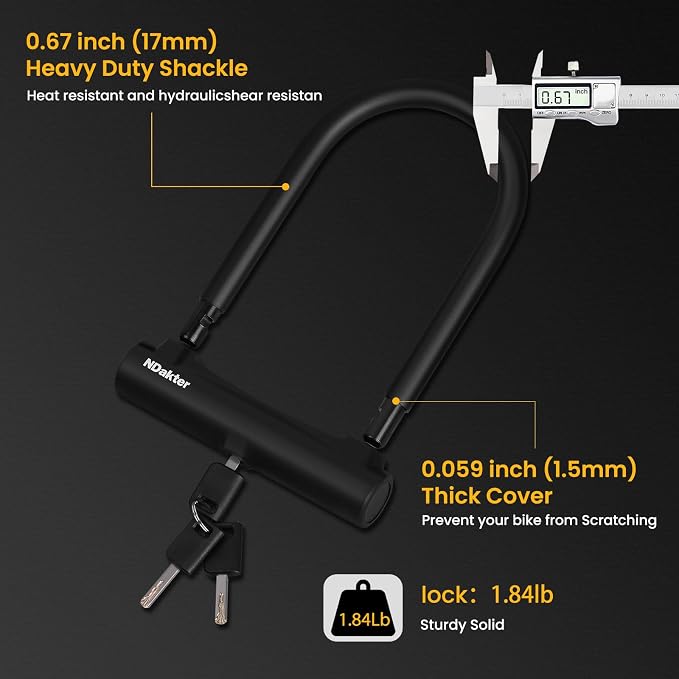 NDakter Bike Locks,17mm Shackle Heavy Duty Anti Theft Bike U Lock with 3 Keys ANG Sturdy Mounting Bracket, Perfect for Bicycles Scooters Mountain, Electric, Folding Bike, Moped, Tricycle