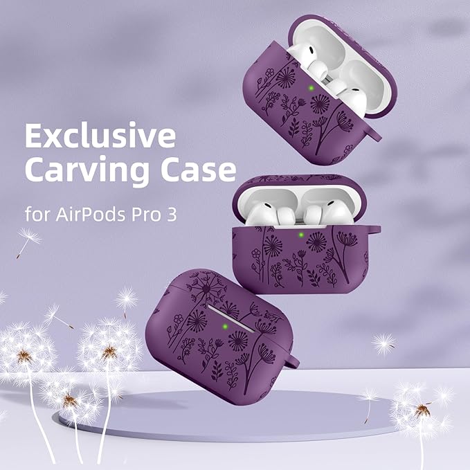 Lerobo Flower Engraved Case for AirPods Pro 3 with Cleaner Kit,Soft Silicone Cover with Keychain Compatible with Apple AirPods Pro 3rd Generation Case for Women & Men,360°Protection,Led Visible,Purple