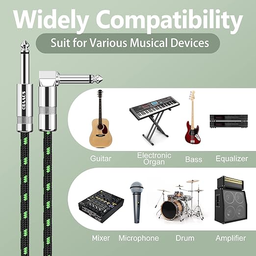 15FT Instrument Cable - Electric Guitar & Bass Cable with Right Angle 1/4 Inch Connector, Black & Green