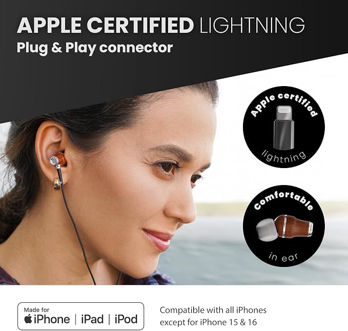 Symphonized iPhone Earphones Wired Deep Bass Sound, 3D Sound, Microphone Volume Control, Noise Isolation, Bubinga Wooden with Lightning (Apple MFI Certified), iPhone SE to 14 Earbuds
