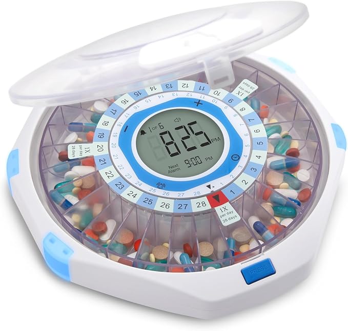 LiveFine WiFi Automatic Pill Dispenser and Remote Medication Monitoring System with Locking Key, 28-Day Medication Organizer Up To 9 Doses Per, Adjustable Light/Sound Alarms For Prescriptions & Vitami