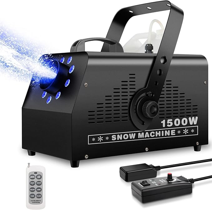 1500W Snow Machine: 9 LEDs Light - Wired & Wireless Remote Control- 7 Color Lights Effect - Snowflake Maker for Outdoor Party Wedding Stage Backyard Events
