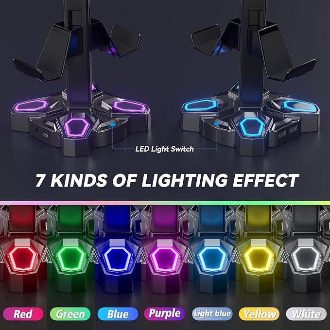 KDD Headset Controller Stand with USB A&C Charger Ports & RGB Rotatable Headphone Stand with 2 USB Charging Ports and 3.5mm