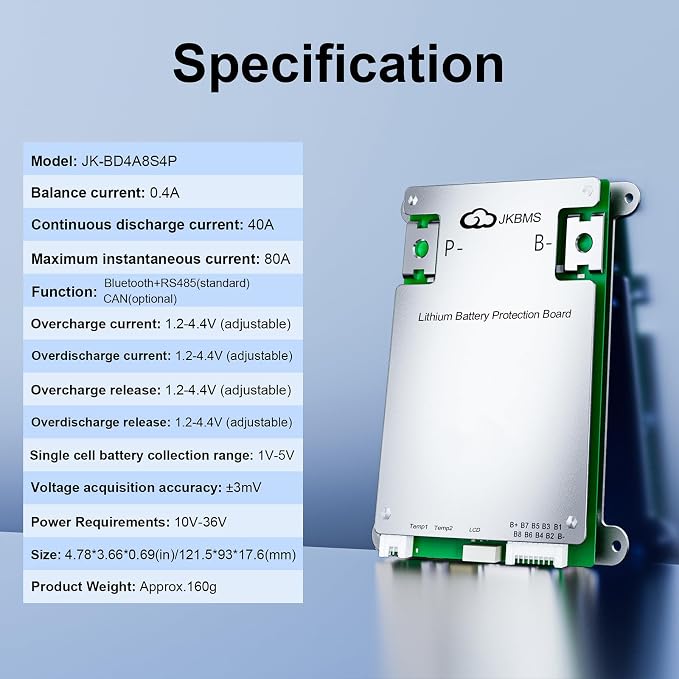 JKBMS Smart BMS 3S-8S 40A Active Balancer JK-BD4A8S4P | JK BMS for LiFePO4 Li-ion and LTO batteries with Bluetooth and RS485, 0.4A active balancing and multi protection system
