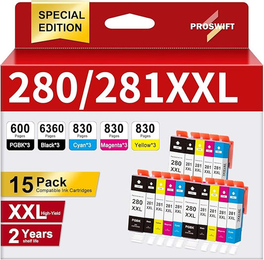15 Pack 280 281 XXL Ink Cartridges Replacement for Canon PGI-280 281 Cartridge for Pixma TR8620a TR8620 TR8520 TR8600 TR7520 TS702a TS9520 TS9521C TS6120 TS6220 TS9120 TS6320 TS8220 (15Pack-6BK3C3M3Y)