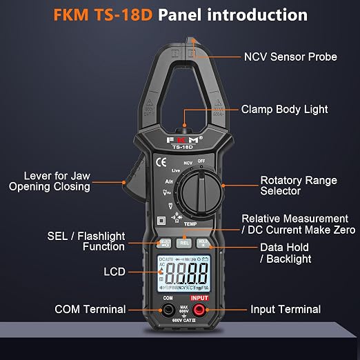FKM AC/DC 600 Amp Clamp Meter Multimeter Tester TRMS 6000 Counts Auto-ranging Smart Digital Voltage Tester,for AC/DC Current/Voltage,NCV Detection,Capacitance,Resistance,Ohm,Continuity,Diode,Hz,Temp