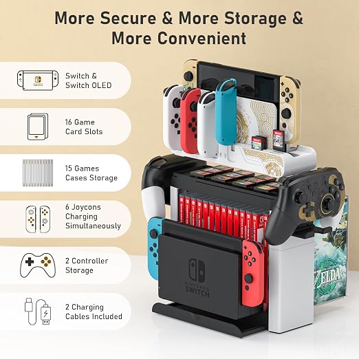 Switch Games Organizer Station with Controller Charger, Charging Dock for Nintendo Switch & OLED Joycons, Switch Mounts, Brackets & Stands for Games, the Legend of Zelda: Tears of the Kingdom Edition
