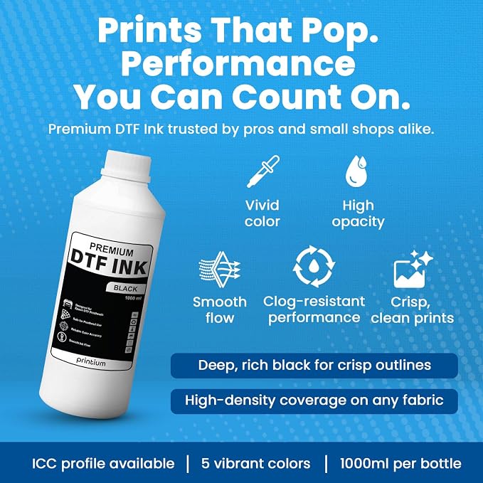 DTF Ink Black 33.8 fl oz (1000ml) | High Opacity Clog-Free Formula | Compatible with ET8550 L1800 XP600 I3200 4720 XP15000 & All Printheads | Reliable Color Accuracy & Smooth Flow