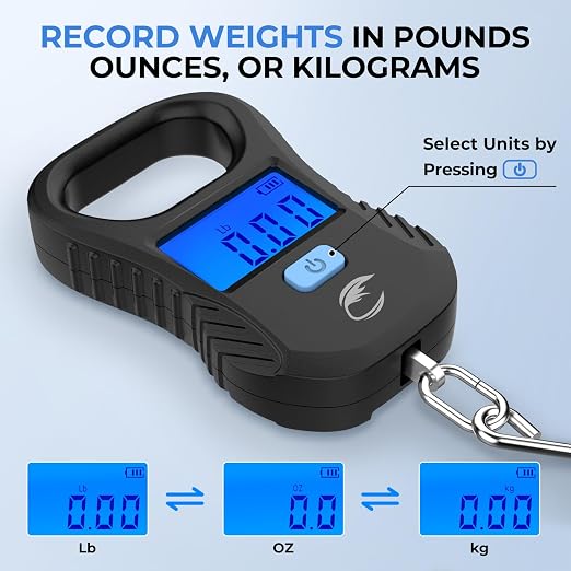 Calamus Lightweight Fish Scale – Rechargeable Digital Scale with USB Cable, 55lb Capacity, Multi-Units Pound/Ounces & Kilograms, High Accuracy, Backlight LCD Display, Fishing Gifts for Men