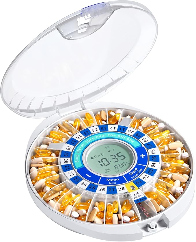 Daviky Automatic Pill Dispenser for Elderly with Alarm, 28-Day Electronic Locked Pill Box, Sound & Light Reminders for Medication, Vitamins, and Supplements(Blue)