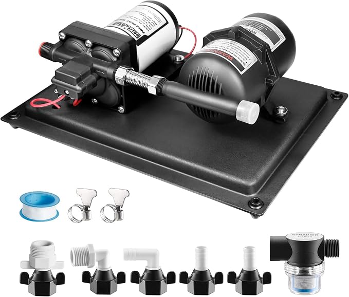 WASSERMANN 12V RV Water Pump and Accumulator Tank System, 3.0GPM 55PSI Self Priming Water Diaphragm Pump with 0.75L 10 PSI Pre-Pressurized Accumulator Tank, Pressure Switch, for Boat Garden RV Camping