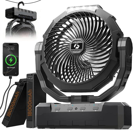 3-in-1 Camping Fan - 36000mAh Detachable Portable Fan Rechargeable with Light & Hook, Battery Powered Fans for Outdoor, Indoor, Tent, Fishing, Travel, Hurricane, Summer Gifts for Men - Black