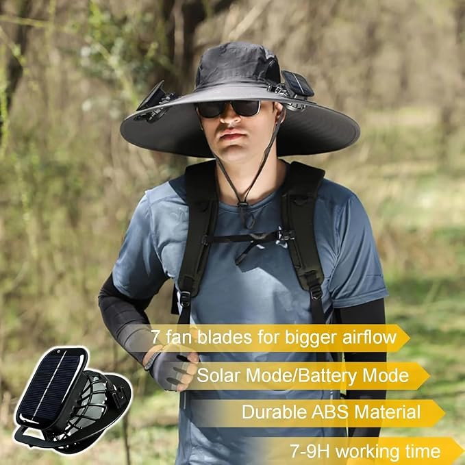 Solar Powered Fan Hat for Men Women Wide Brim Hat with 2 Fans UPF 50+ Outdoor Fishing Beach Sun Hat