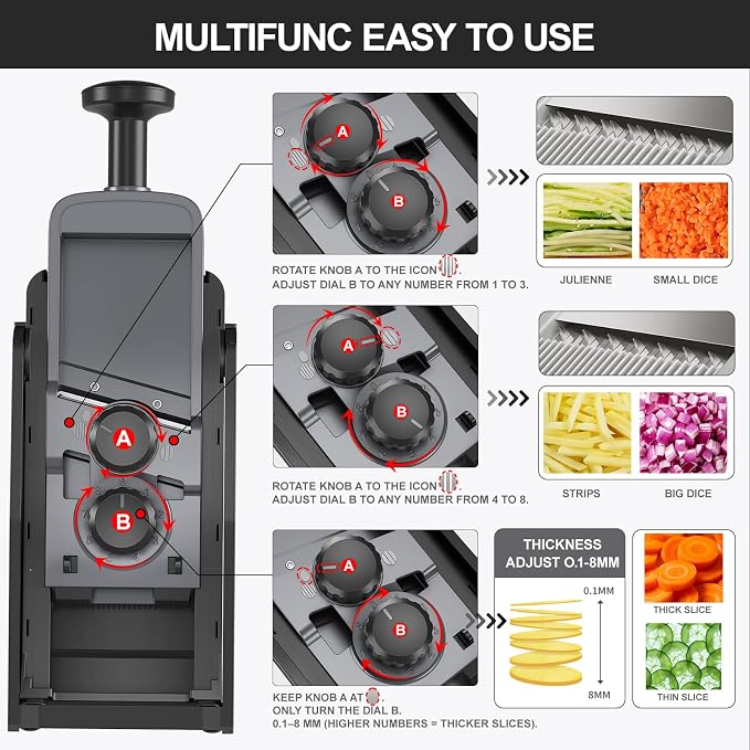 8 in 1 Mandoline Slicer for Kitchen, Vegetable Chopper, Potato Slicer, Fry Cutter Onion Chopper with Drain Basket Food Container with Lid, Stainless Steel Cheese Grater for Quick Meal Pre (Black)