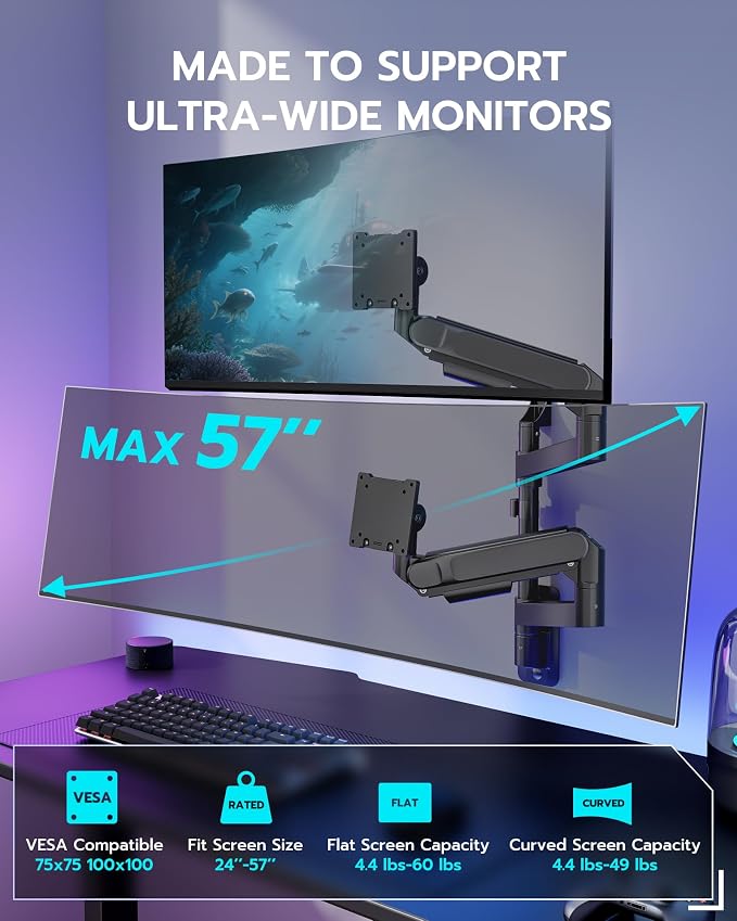 ARES WING Dual Monitor Wall Mount for 24-57 Inch Ultrawide Screens, Premium Heavy Duty Monitor Arm Holds 60 lbs, Full Motion Gas Spring, Bearing Head for Easy Adjustment, 75/100 VESA Mount, Black