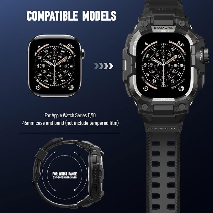 BXUXOHS Rugged Case and Band for Apple Watch 46mm Men, Compatible with Apple Watch Series 11/10, Military Grade Shockproof Bumper Cover, Tactical Band Case for iWatch 11/10 Man, Black Titanium