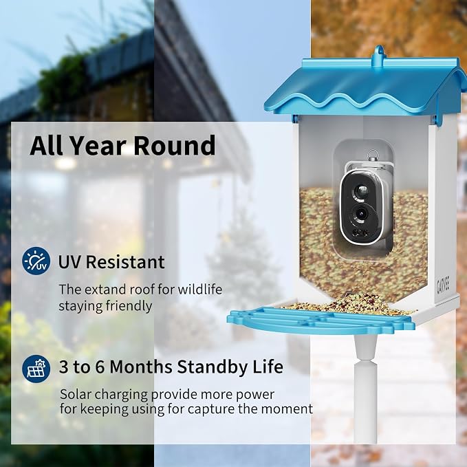 GarveeLife Smart Bird Feeder with 2K Camera & AI Recognition - Solar Powered, 2l Capacity, Night Vision, App Alerts, Auto Capture Photos/Videos for Bird Watching (Blue)