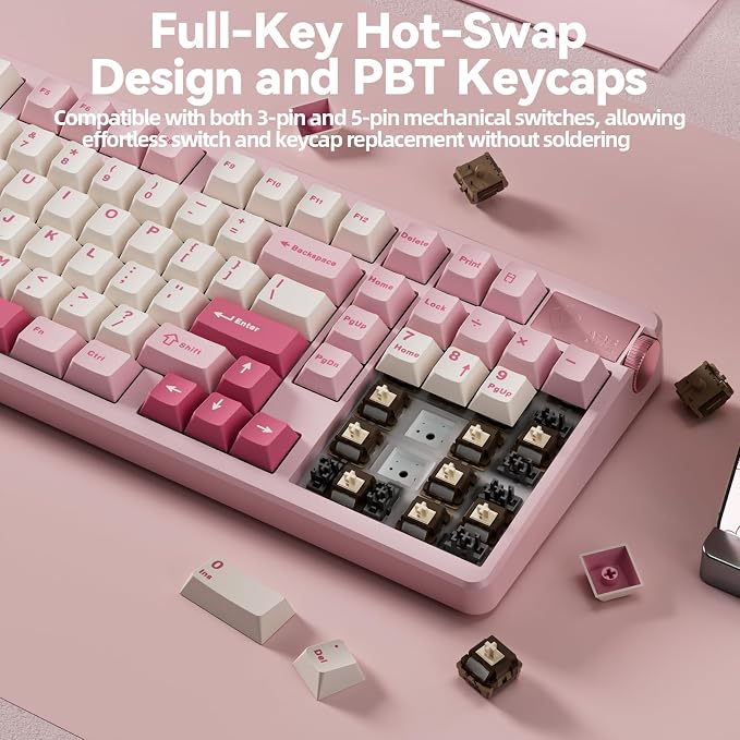 LEOBOG A98 Wireless Mechanical Keyboard, Tri-Mode BT5.0/2.4GHz/USB-C, Creamy Keyboard with Number Pad, Gasket Structure Hot Swappable, PBT Keycaps, RGB Backlit Pink Gaming Keyboard with Knob for PC