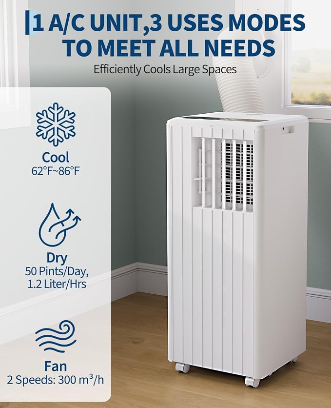 Portable Air Conditioner 8,000 BTU, 3-in-1 AC Unit (Cool, Fan, Dehumidify) for Rooms up to 350 Sq.Ft., Portable AC with Remote Control, Sleep Mode & 24H Timer, Quiet Cooling Unit for Home, Dorm, RV
