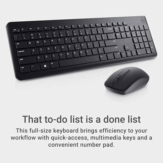 Dell Keyboard and Mouse - KM3322W - US English - USB Plunger Wireless RF 2.40 GHz Keyboard - Black - USB Wireless RF Mouse - Optical - 1000 dpi - Scroll Wheel - Black - Multimedia, Mute, Volume Up, Vo