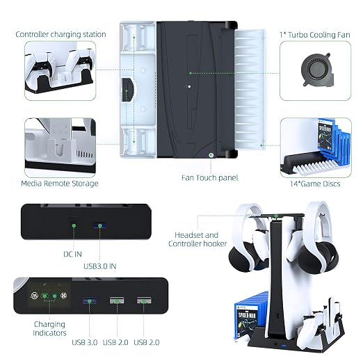 JOYTORN PS5 Vertical Stand with Cooling Fan and Dual Controller Charger Station for PlayStation 5/Slim Console, PS-5 Accessories with Headset Hooker,14 Game Rack Storage, Media Remote Organizer