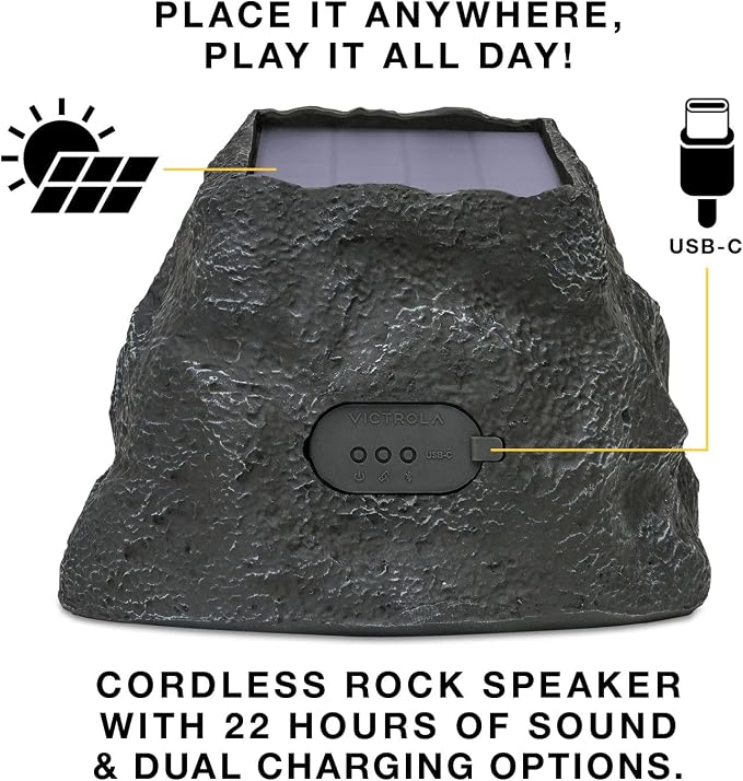 Victrola Rock Speaker Connect, Sand, Wireless Outdoor with Bluetooth 5.3, 22-Hour Battery Life, with Solar Charging, Link Up to 20 Rock Speakers, IP65 Water & Dust Resistant