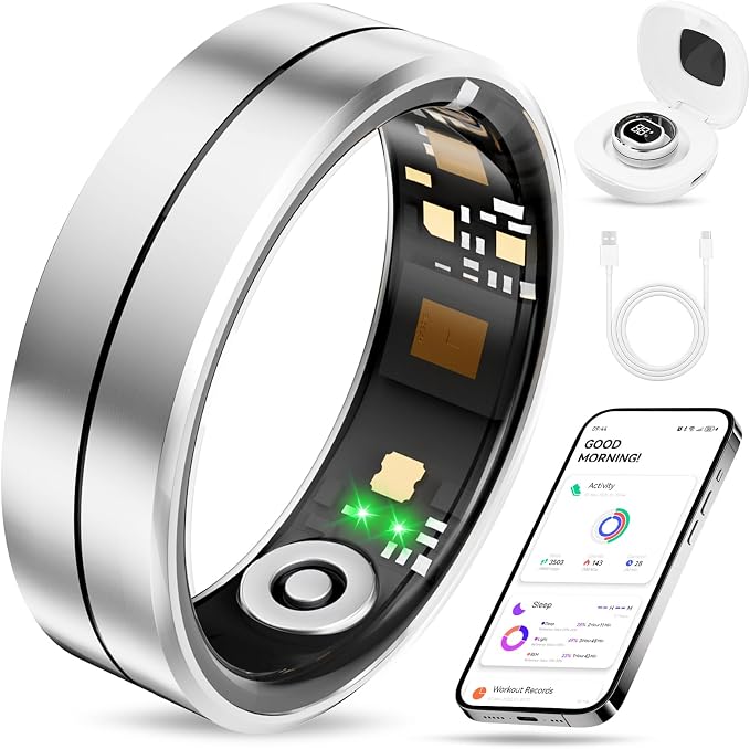 Fvtga Smart Ring for Women Men, Health Tracker with Digital Charging Case, 24/7 Heart Rate SpO2 Sleep Stress Monitoring, IP68 Waterproof Fitness Ring, No Subscription Fee, iOS Android(Silver, 10)