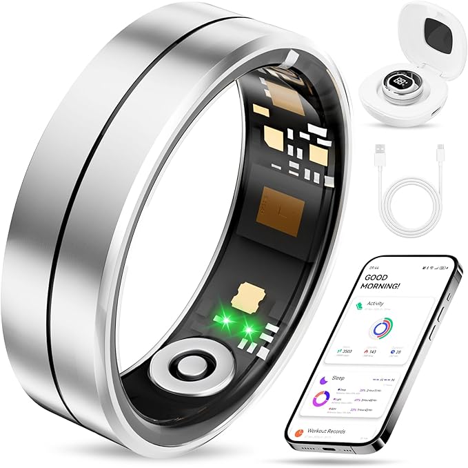 Fvtga Smart Ring for Women Men, Health Tracker with Digital Charging Case, 24/7 Heart Rate SpO2 Sleep Stress Monitoring, IP68 Waterproof Fitness Ring, No Subscription Fee, iOS Android(Silver, 9)
