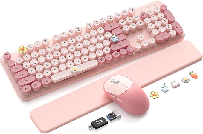 Wireless Keyboard and Mouse Combo, Typewriter Keyboard with Detachable Wrist Rest, Full-Size Retro Round Keycaps, Smart-Sleep, 2.4GHz Stable Connection for Mac/Windows/PC, Trueque(Rose Mist Pink)