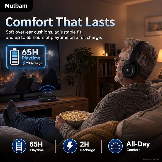 Wireless Headphones for TV, TV Headphones Wireless for Seniors with Charging Dock, Ideal Gifts for Seniors, 65H Playtime Plug-Play, Assistive Hearing, Low Latency, Perfect for Elderly Seniors