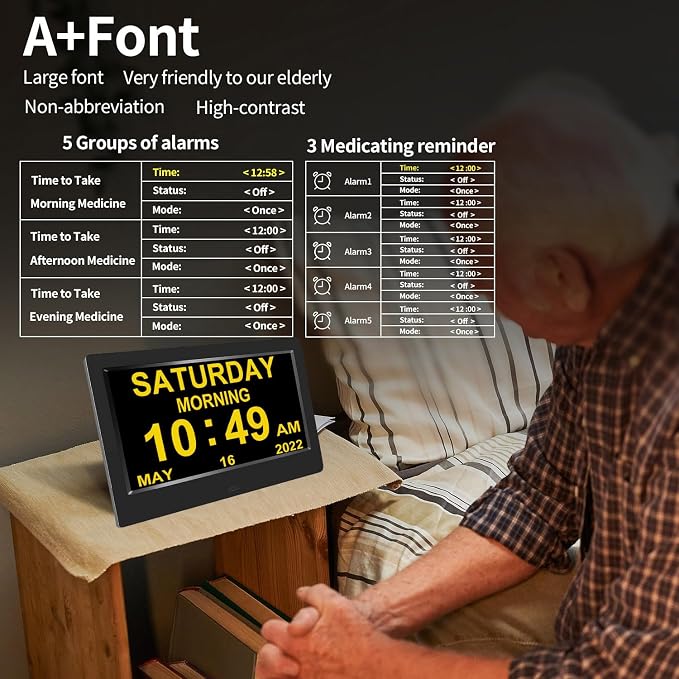 AINFTIME DST Clock with Day and Date for Elderly-3 Display Digital Calendar Alarm Day Dementia Alzheimers Clock with Extra Large Display (10.1in Black)