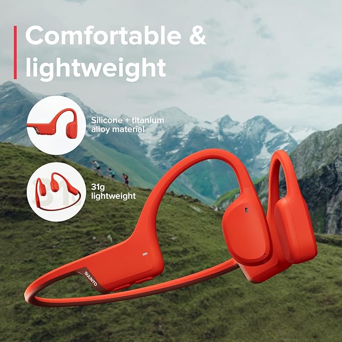 SUUNTO Sonic Open-Ear Bone Conduction Sports Headphone, Bluetooth Wireless Headset w/Enhanced Bass & Multipoint Connection, 10H Playtime w/Fast Charging, Built-in Dual Mics, Waterproof & Light, Red