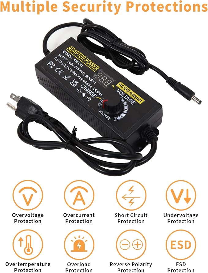 3V~24V 120W 5A Adjustable DC Power Supply AOYADAISU Universal Power Adapter with 14 Tips & Polarity Converter, 100-240V 50-60Hz Variable AC to DC Power Converter for LED Strip Light Camera 5000mA