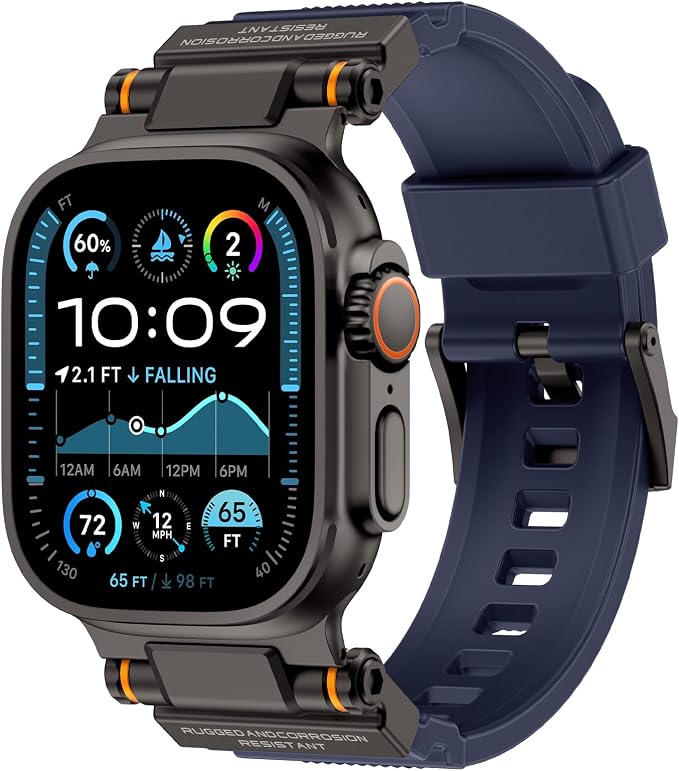 FOAMUNOC Rugged Band Compatible with Apple Watch Ultra 3/2/1 Band 49mm/46mm/45mm/44mm/42mm, Metal Connector with Strap for iWatch Ultra Series 11/10/9/8/7/6/SE3/SE2/SE/5/4/3/2/1, Navy Blue/Black