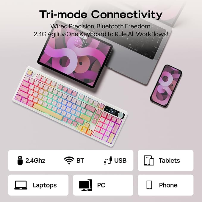 EPOMAKER TH99 PRO 96% Mechanical Keyboard with Screen & Knob, 10000mAh, 2.4Ghz/BT, Hot Swap, Custom Driver, RGB Backlight, PBT Keycap, Wireless Gaming Keyboard for PC/Mac (Pink, Sea Salt Silent)